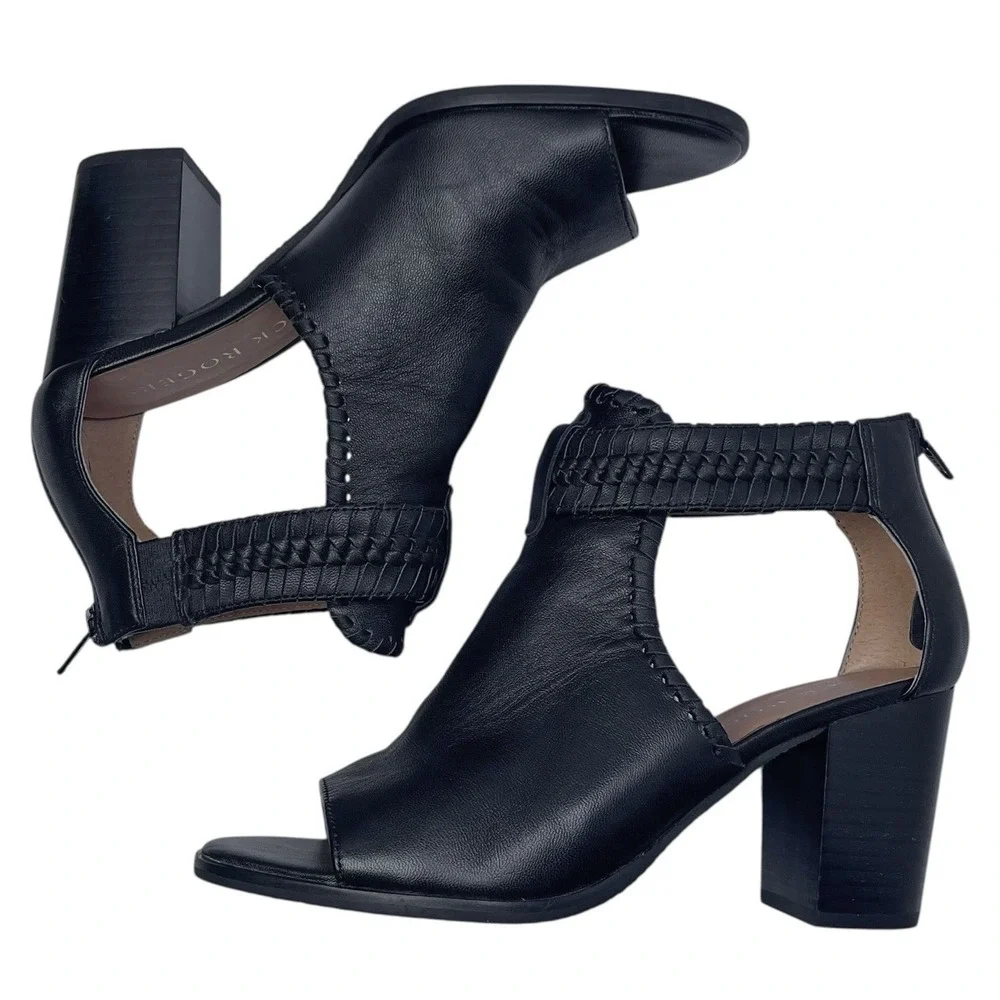 Jack‎ Rogers Block Heel Sandal Sz 7 Black Leather Ankle Strap Open Toe $158 Moto